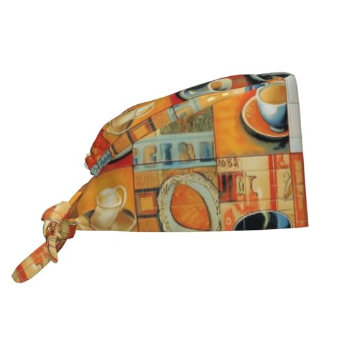 Gorro de trabajo transpirable, diseño de rejilla de café con leche, azulejos de cerámica, enfermería, médico, cirujano, unisex, para mujeres y hombres, vendaje elástico