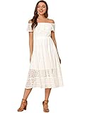Forma relajada. Recuerda los buenos tiempos con este vestido midi con volantes. Este vestido midi fluido con hombros descubiertos y toda la prenda de encaje lo hace único y modesto durante el verano.