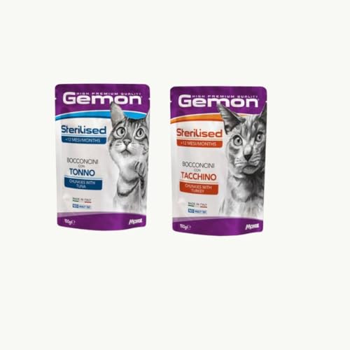 Gemon - Comida húmeda para gatos esterilizados con atún y pavo, alimento complementario para gatos adultos de todos los tamaños | 12 bolsitas de 100 gramos cada una.