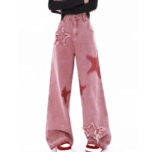 LAFOURAM Petite Jeans for Women 5 FT Short Wide Leg Baggy Grunge Y2K Star Patchwork Denim Pants