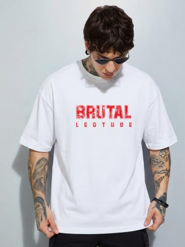 Image of LEOTUDE Men's Premium T-Shirt | 100% Pure Cotton Oversized Baggy Fit Drop Shoulder Cool Back Typographic Printed T-Shirt for Men (Color : Black)