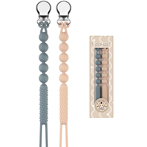 Image of Yolnkos Pacifier Clip Baby Girls Boys Silicone Paci Holder One-Piece Soothie Binky Clips with Texture Soft Flexible Birthday Christmas Shower Gift 2 Pack (Grey, Khaki)