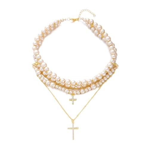 Layered Pearl Necklace Statement Y2k Pearl Cross Necklace Stacked Rhinestone Pearl Necklace for Women (Gold)2