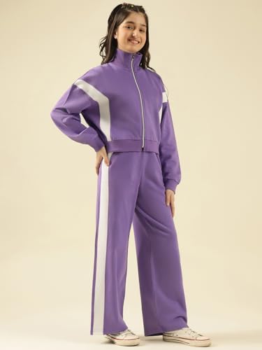 Image of Li'l Tomatoes Girls Solid Fleece Winter Track Suit | Zip-Up High Neck Jacket & Wide-Leg Track Pants | Casual Co-Ord Set | 9-16 Years