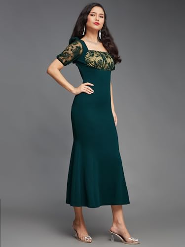 Image of Miss Chase Women's Square Puff Sleeve Solid Lace Overlaid Ankle Length Dress (Plus (MCSS22D13-48-42-07, Dark Green, 2XL)