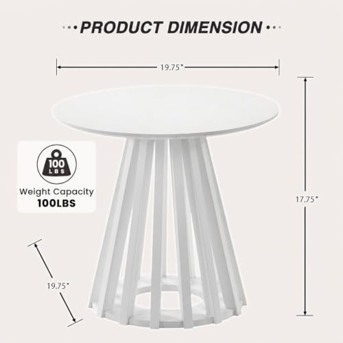 Image of HNY Round Fluted End Table, 19.7 inch Modern White Side Table, Mid Century Wood Circle Bedside Tables Drink Table Nightstand for Bedroom, Living Room, Small Space