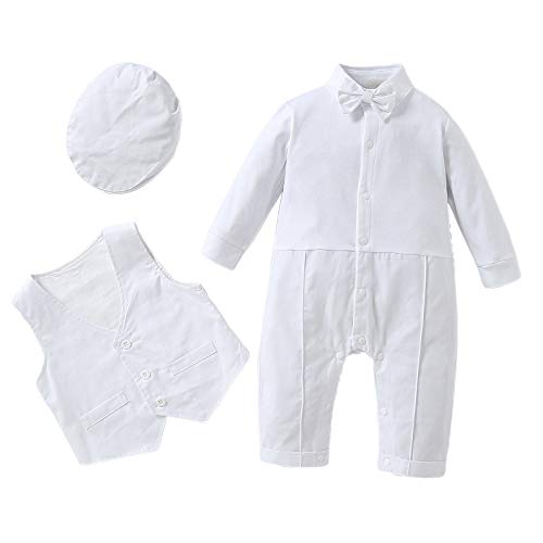 HOSUKKO Baby Boy Suit,Long Sleeve Jumpsuit,Vest,Bow Tie,Infant Boy Gentleman Outfits Sets for Formal Occassion (0-24 Months) White