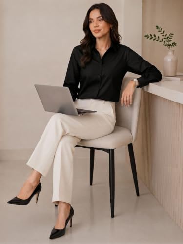 Image of OOMPH! Women's Cotton Solid Relaxed Fit Formal Shirt | Full Sleeve Drop Shoulder Button-Down Office Shirt | Spread Collar Workwear & Smart Casual Top