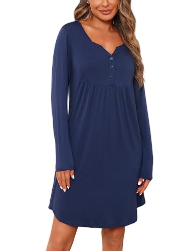 Jahetuul - Jahetuul Chemise de nuit pour femme - Manches longues - En coton - Vêtement de nuit d'hiver - Robe de nuit - Robe de maison avec boutonnière, bleu foncé, XXL