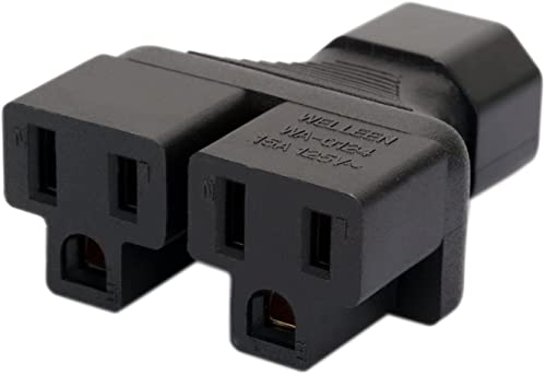 IEC 320 C14 to 2 5-15R AC Power Adapter, IEC 3 Poles Male to 2 USA 3 Pole Female AC Power Converter, C14 to Dual Double Nema 5-15R Power Connector Y Splitter (15A 125V, Black)