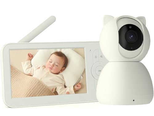 Image of hazen No WiFi Baby Monitor with Camera and Audio, 5" Screen, 30-Hour Battery Life, Pan-Tilt-Zoom Camera, Night Vision, VOX, 2-Way Talk, 8 Lullabies, 1000ft Range, Baby Essentials, Frost White
