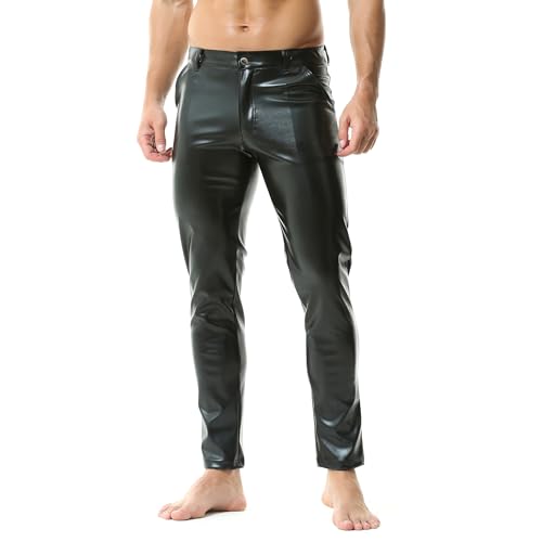 QiaTi Men's Faux Leather Pants Casual Stretch PU Leather Straight Leg Slim Fit Trousers Motorcycle Club Long Pant for Men3