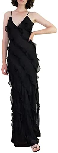 Women Spaghetti Straps Layered Ruffle Maxi Dress Slim Fit Ruffle Tiered Sleeveless Backless Split Bodycon Long Dress (Black, S)