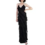 Women Spaghetti Straps Layered Ruffle Maxi Dress Slim Fit Ruffle Tiered Sleeveless Backless Split Bo