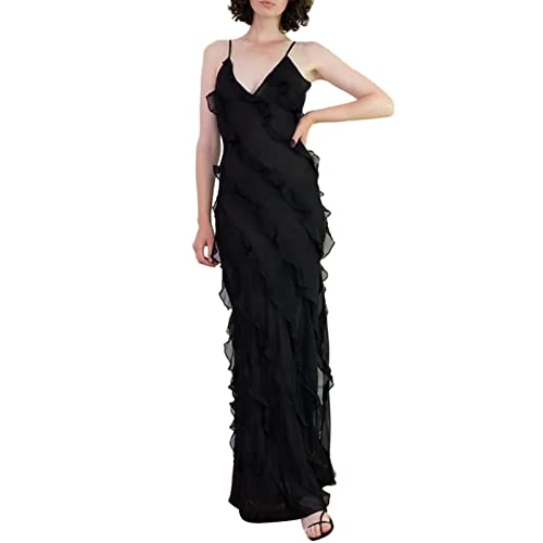 Women Spaghetti Straps Layered Ruffle Maxi Dress Slim Fit Ruffle Tiered Sleeveless Backless Split Bodycon Long Dress (Black, S) #TOP1