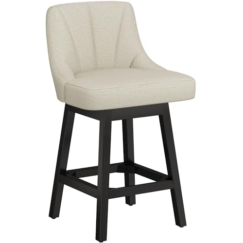 Image of YaFiti Swivel Bar Stool 1 Pcs, 26 Inch Counter Height Bar Stools with Backs, Modern Linen Fabric Extra Upholstered Barstools with Square Solid Wood Legs for Kitchen Island, Dining Room, Beige