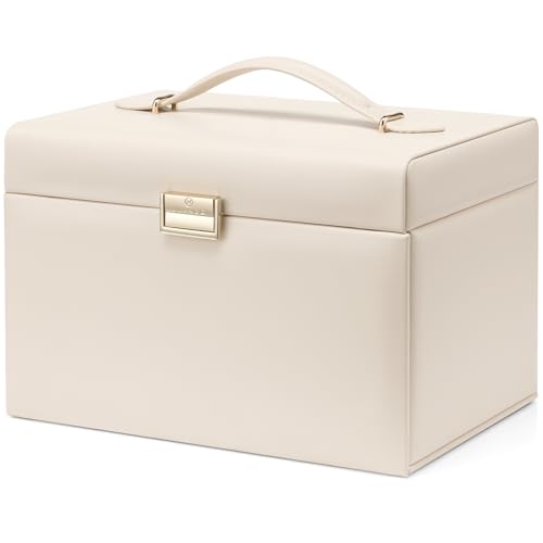 Vlando Large Jewellery Box for Women, High-End PU Leather Mirror Jewellery Boxes with 3 Drawers Jewelry Storage, Earrings, Rings, Necklaces, Bracelets, Brooches, Watches Organiser