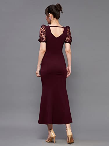 Image of Miss Chase Womens Bodycon Square Puff Sleeve Solid Lace Overlaid Ankle Length Dress