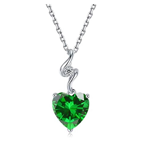 14K Solid White Gold Heart Necklace 0.015 ct Diamond Created Emerald Dainty Pendant with Sterling Silver Chain Solitaire May Birthstone Necklaces Fine Jewellery Gifts for Women Mum Girls Cover