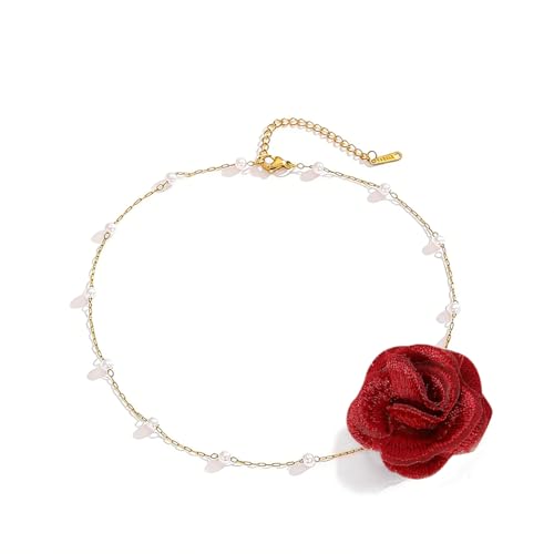 Flower Choker Necklaces for Women Rose Necklace for Women with Pearl Dainty Red Rose Choker Necklace Flower Jewelry Party Prom (Red)