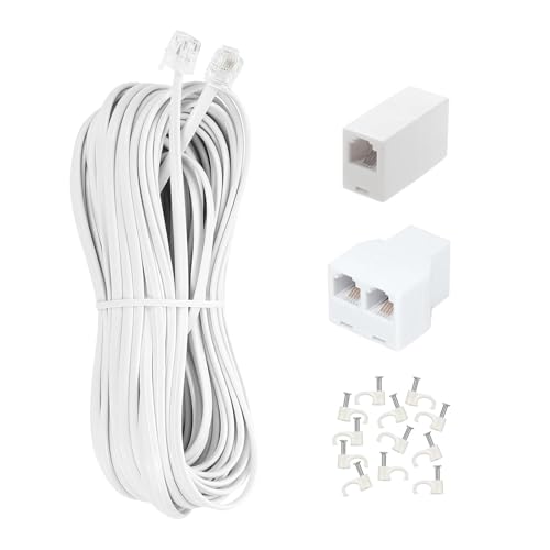 Long Telephone Extension Cord 100 FT White Phone Cable Wire with Standard RJ11 Plug 1 Phone Line Splitter 1 in-line Coupler and 65 Cable Clips for Telephone Calling Communication