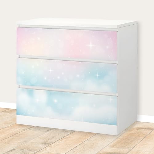 Unik Nordic Aufkleber Set Pastell Himmel für MALM Kommode mit 80 cm Schrankbreite, 3 Schubladen-Folien, Sticker für Schrank, Möbelfolie fürs Kinderzimmer, Schrankfolie für Kinder