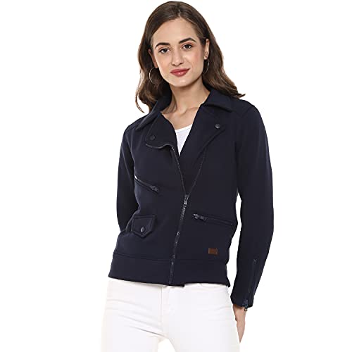 Image of PINACOLADA Spread Collar Navy Blue Solid Stylish Zipper Casual Jackets