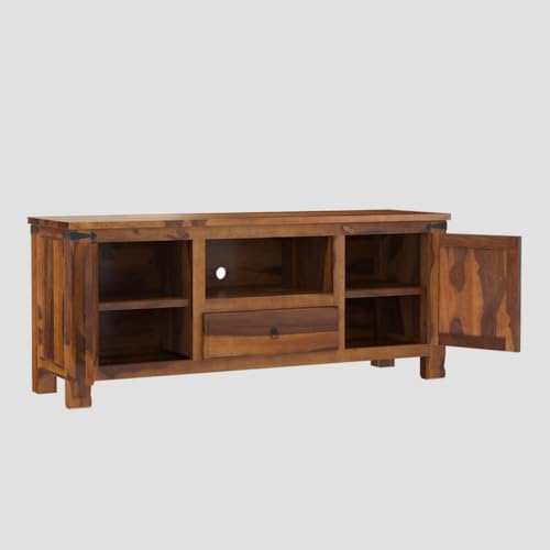 Image of Sheesham Rosewood, 1 Drawer Solid Wood TV Entertainment Unit | Wooen TV Cabinet Living Room & Office Honey Finish