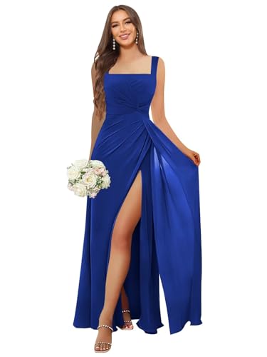Image of HANVAIOS Square Neck Bridesmaid Dresses Long Chiffon Formal Maxi Dress with Slit