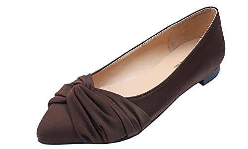 Feversole Women's Pointed Toe Bow Tie Trim Fashion Ballet Flat Pumps,Escarpins Plats pour Femmes à Bout Pointu et nœud Papillon à la Mode Marron 39 EU Cover
