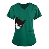 GoGreen Sprouter Women's Scrub_Tops Cute Cat Print V-Neck Work Uniform Pocket Top Green
