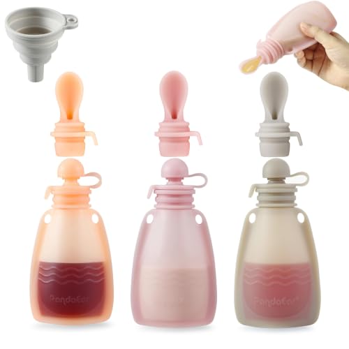 PandaEar 3 Pack Reusable Baby Food Pouches with Spoon Attachments & Filling Funnel Silicone Squeeze Feeder for Weaning Refillable Yoghurt & Puree Storage 150ml/5.5oz (Pink/Linen)