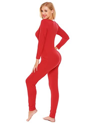 Ekouaer Bandage One Piece Pajama Romper Long Sleeve Jumpsuit Sleepwear For Women, Red, Small #TOP2