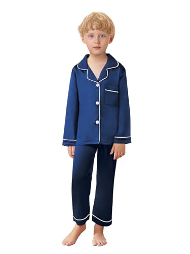 Schbbbta Family Matching Silk Pajamas Set Satin Long Sleeve Button Up Sleepwear Pj Set, T Navy, US L3
