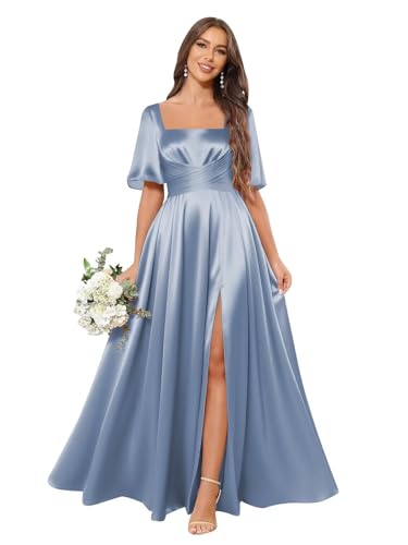 Women's Satin Bridesmaid Dresses with Sleeves Pleated Long Evening Gown 2025 Square Neck Formal Dress
