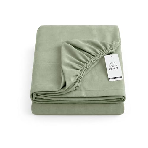 Tribeca Living Queen Flannel Fitted Sheet 170 GSM Brushed Cotton - Extra Deep Pocket Fits Mattresses up to 24 Inches - Warm and Cozy for Cold Nights in Green