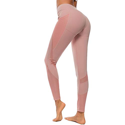 ZHJA Europe and The United States New Women's Solid Color Mobile Phone Pocket Yoga Pants Sports Fitness Mesh Stitching Leggings Pants Pink