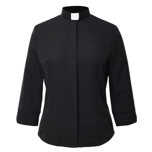 Womens Clergy Shirt Tab Collar 3/4 Sleeve Round Tailed Button Down Blouse