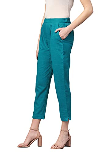 Image of Yash Gallery Women's Regular Fit Mid Rise Solid Cotton Slub Ankle Length Regular Trouser Pant