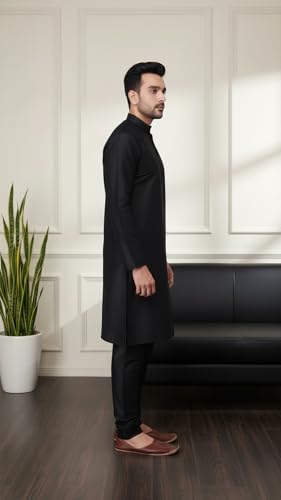 Image of SadreeMen's Silk Blend|Classic|Occassion|Ethinic|Full Sleeve|Mandirn Collor|Knee Length|Solid Colour|Light Weight|Comfort|Regular Fit Kurta Pyjama Set