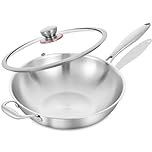 LOLYKITCH 32 CM Tri-Ply Stainless Steel Wok Pan with Lid, Stir Fry Pan,Induction Cooking Pan,Ergonomic and Detachable Handle,Even Heating