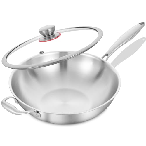 LOLYKITCH Wok Inox 32 cm avec Couvercle en Verre, Sans Revêtement, 3 Couches en Acier Inoxydable 18/8, Compatible Induction et Tous Feux, Passe au Four et au...