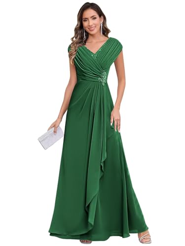 Long Chiffon Mother of The Bride Dresses for Women A Line V Neck Pleated Formal Wedding Guest Dress