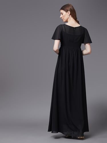 Image of Miss Chase Women's Round Neck Sleeve Embellished Fit Flare Maxi Dress