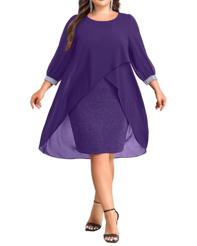 Image of Talisea Plus Size Cocktail Dress - Elegant Chiffon Cape 3 /4 Sleeves Glitter Evening Party Wedding Guest Dresses Women Formal