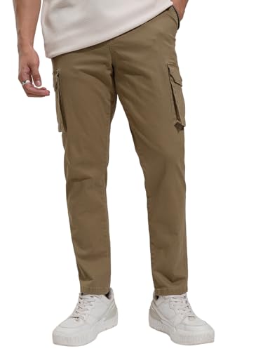 Image of Highlander Men's High-Rise Straight-Fit Cargo Trousers | Utility Pockets | Fashion & Function Blend | Carpenter Fit | Men Trousers | Trousers for Man |Cargo Pants for Men