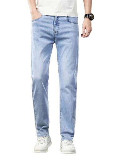 Hndudnff Men's Summer Thin Washed Jeans Slim Fit Elastic Straight Casual Business Denim Pants