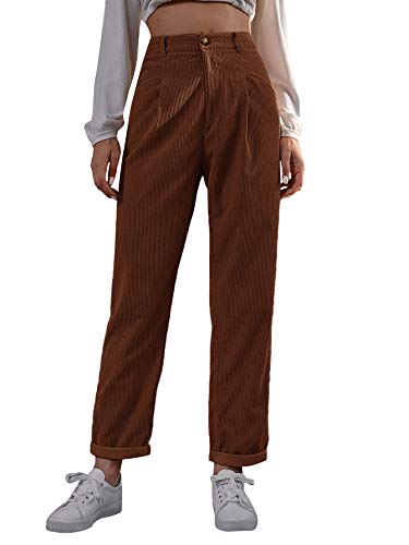 SOLY HUX Women's High Waisted Straight Leg Corduroy Pants Trousers with Pocket Brown M
