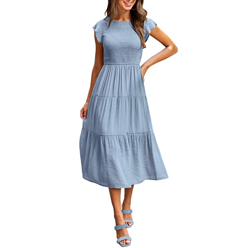 Robe pour femmes en coton d'été chic à manches flutter et taille smockée