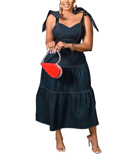 Sexyshine Women's Spaghetti Strap Plus Size Denim Dress Tie Knot Sleeveless A Line Ruffle Layered Maxi Dress Jeans Dresses(26666BE,4XL) Blue